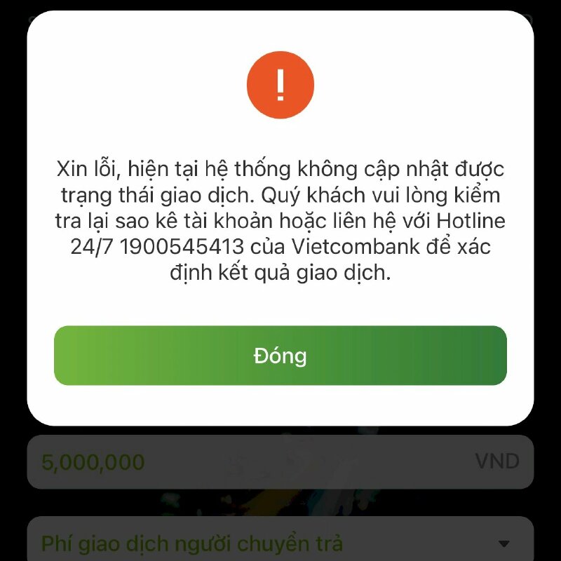 "Thông báo lỗi giao dịch không thành công do không thể cập nhật trạng thái giao dịch". (Ảnh: ST)