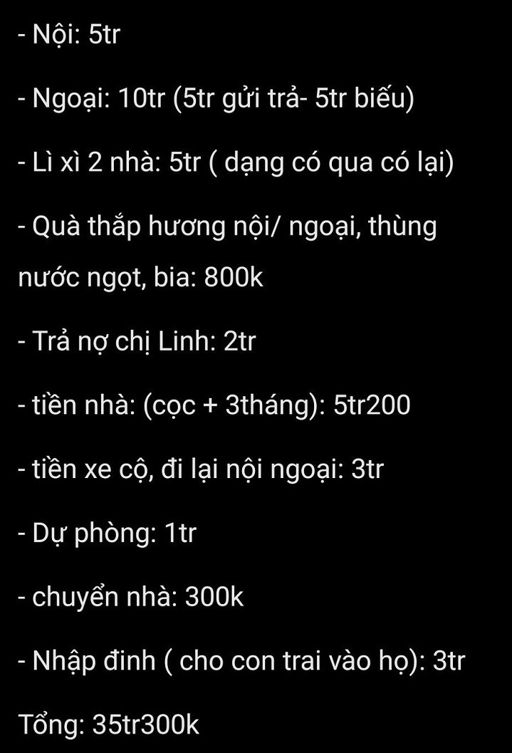 Chi tiêu Tết gồm: biếu nhà nội 5 triệu, nhà ngoại 10 triệu , lì xì 5 triệu, quà thắp hương 800 nghìn, nhập đinh con trai 3 triệu. (Ảnh: Internet)