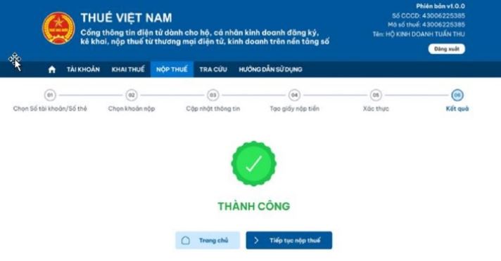 Thông báo nộp thuế thành công