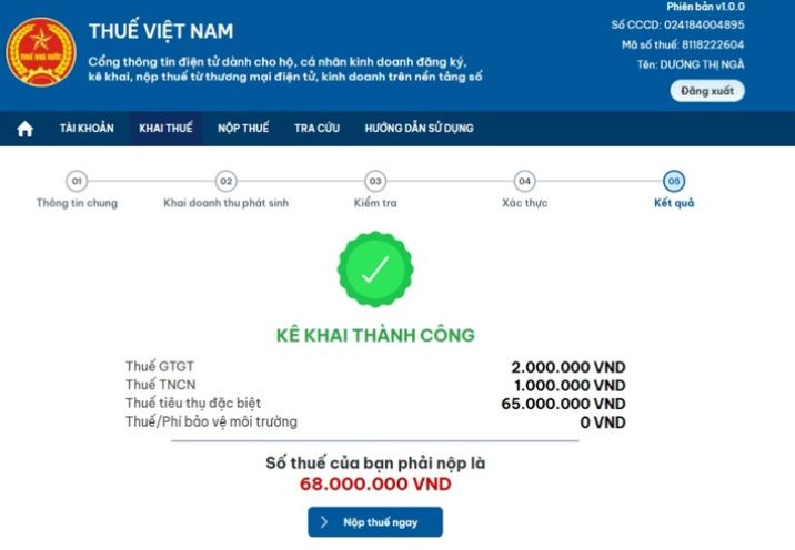 Màn hình thông báo kê khai thuế thành công