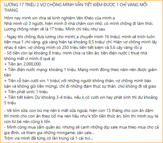 Nguyên văn chia sẻ của mẹ 1 con hiện đang sống ở quê: Lương 17 triệu, mỗi tháng mua 1 chỉ vàng, tiết kiệm 3-4 triệu, sau 4 năm có 250 triệu tiền mặt và 5-6 cây vàng