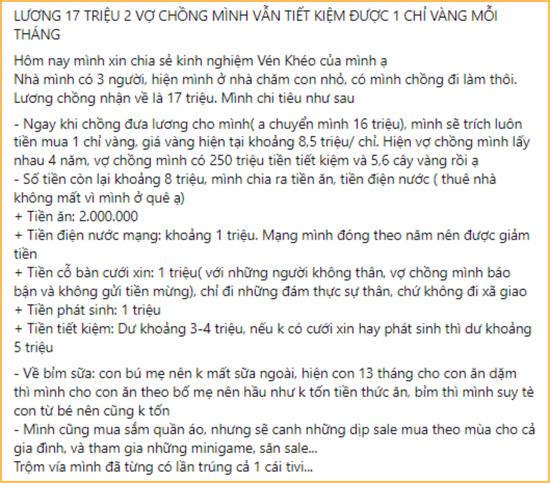 Nguyên văn chia sẻ của mẹ 1 con hiện đang sống ở quê: Lương 17 triệu, mỗi tháng mua 1 chỉ vàng, tiết kiệm 3-4 triệu, sau 4 năm có 250 triệu tiền mặt và 5-6 cây vàng
